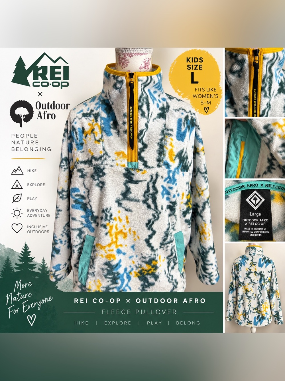 REI Co-op x Outdoor Afro Kids Fleece Pullover Youth Large L Colorful